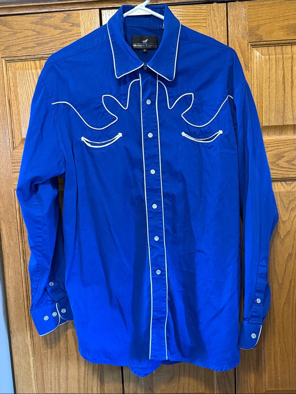Western-Style Men's Long Sleeve Shirt-Royal Blue with White Piping-XL- VTG 80’s